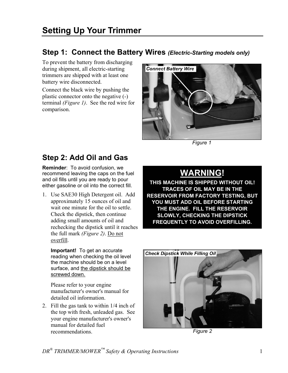 Setting up your trimmer, Warning, Step 1: connect the battery wires | Step 2: add oil and gas | DR Power Sprint (2000 - 2004) User Manual | Page 7 / 36