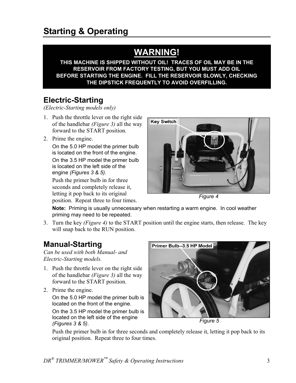 Starting & operating, Warning, Electric-starting | Manual-starting | DR Power Sprint (2000 - 2004) User Manual | Page 9 / 36