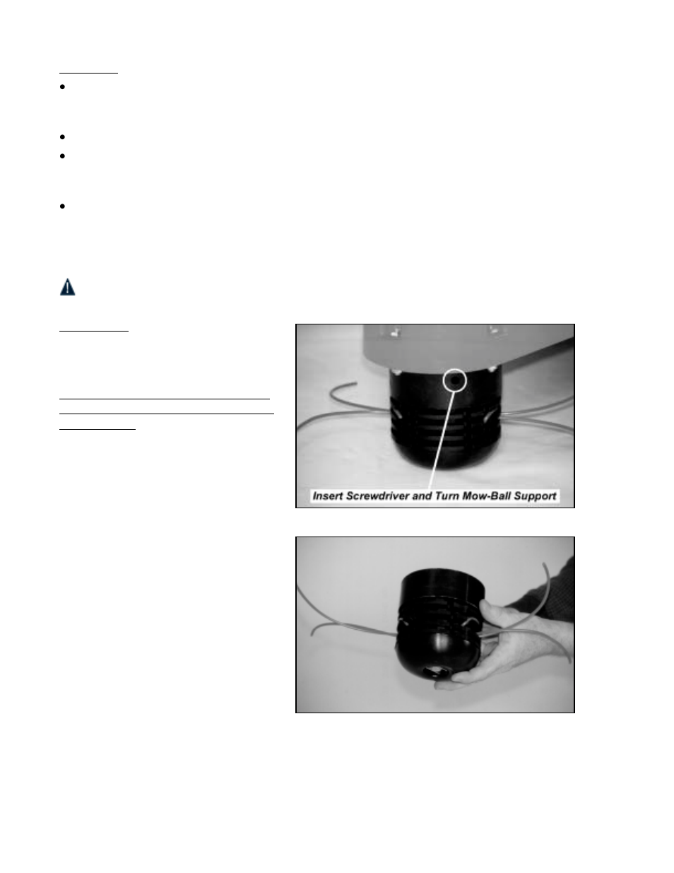 To remove the mow-ball™ support assembly, To remove the mow-ball, Support assembly | DR Power Walk-Behind Pro (2000 - 2001) User Manual | Page 28 / 48