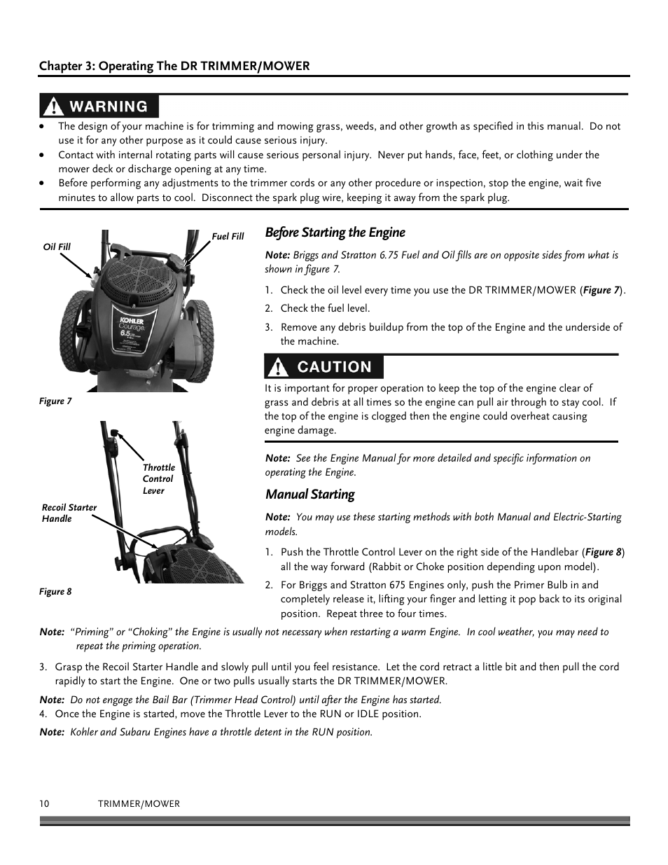 Before starting the engine, Manual starting | DR Power Premier 6.5fpt Kohler User Manual | Page 10 / 32