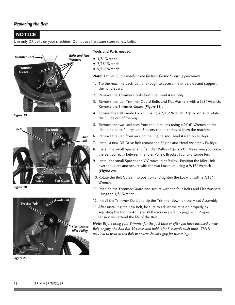 Replacing the belt | DR Power Premier 6.5fpt Kohler User Manual | Page 18 / 32