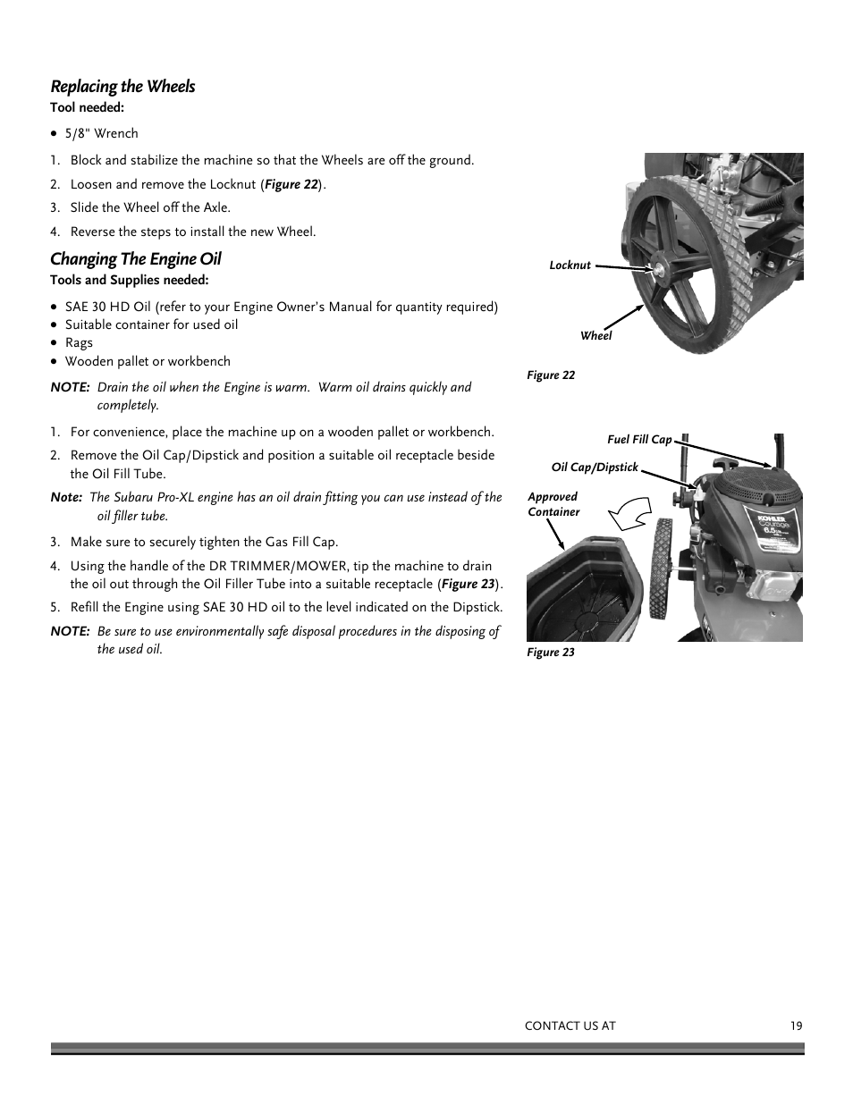 Replacing the wheels, Changing the engine oil | DR Power Premier 6.5fpt Kohler User Manual | Page 19 / 32