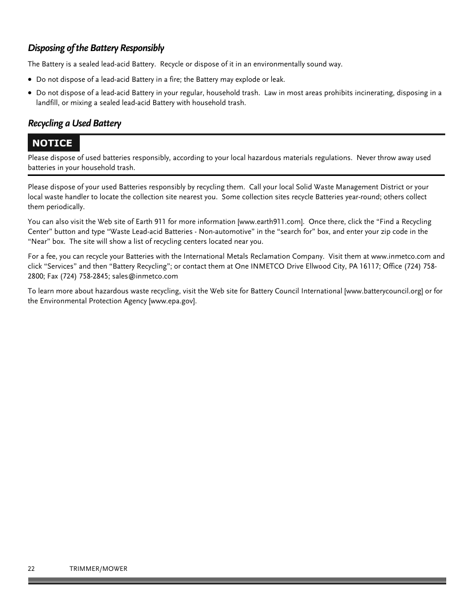 Disposing of the battery responsibly, Recycling a used battery | DR Power Premier 6.5fpt Kohler User Manual | Page 22 / 32