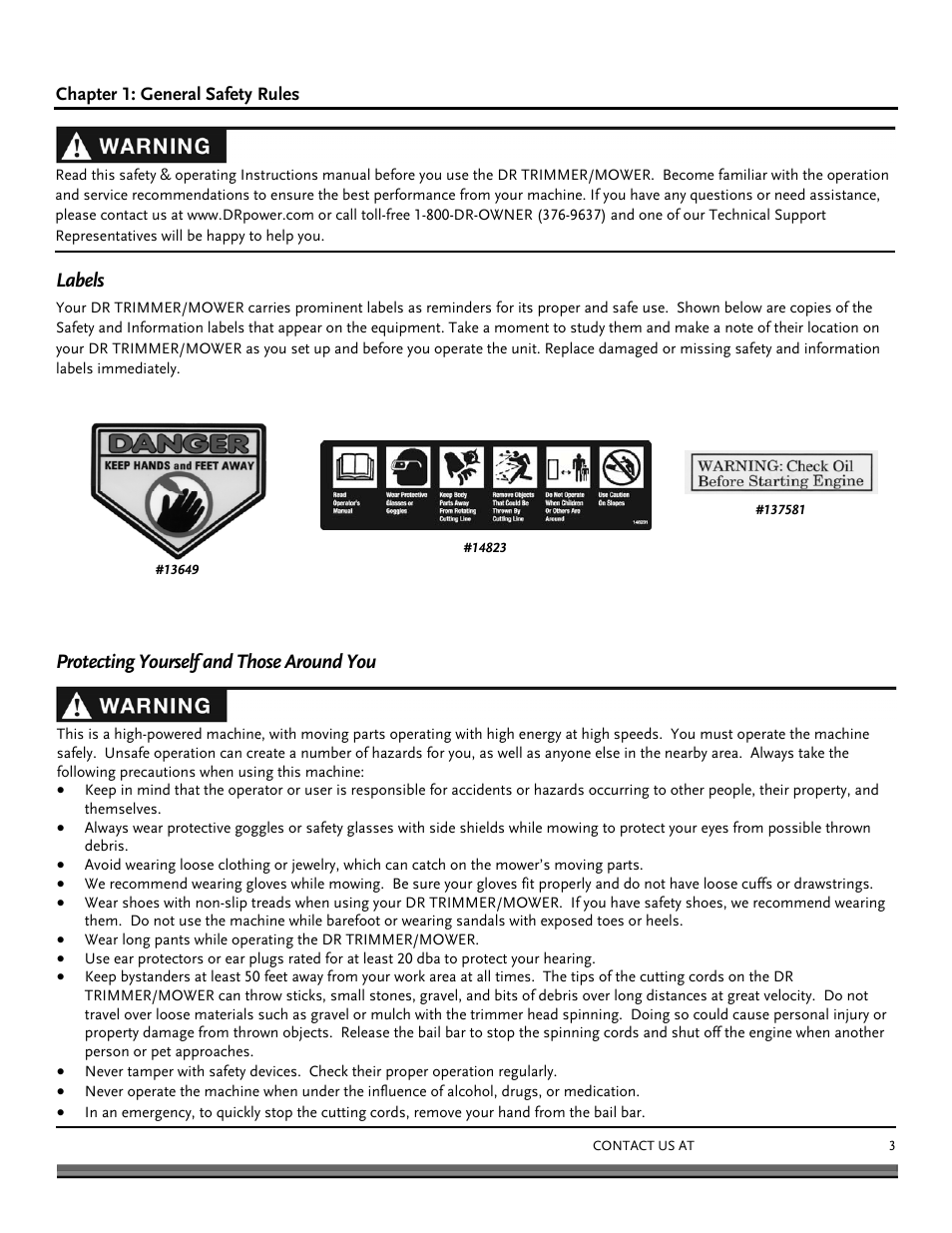 Labels, Protecting yourself and those around you | DR Power Premier 6.5fpt Kohler User Manual | Page 3 / 32