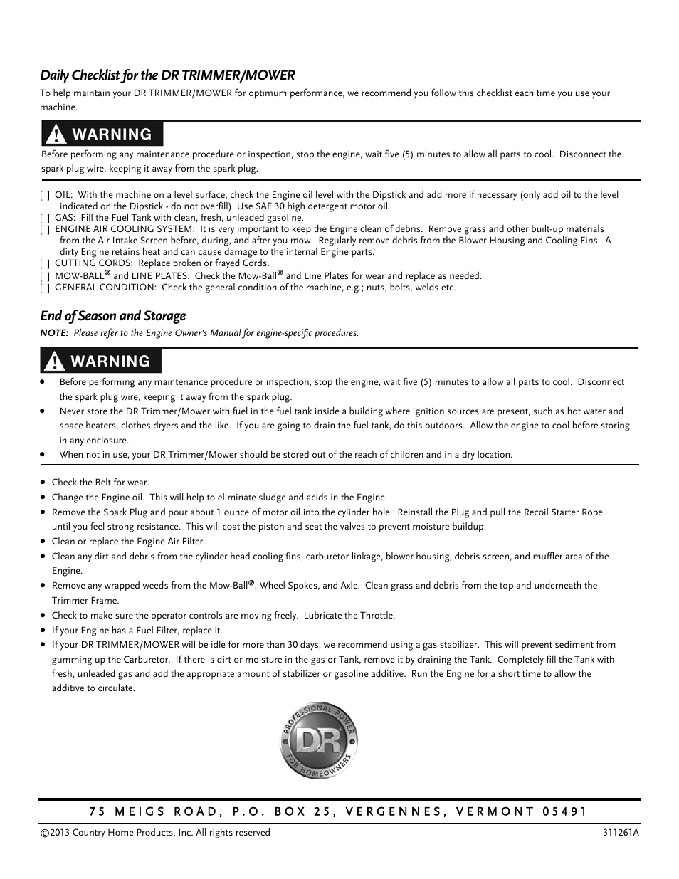 Daily checklist for the dr trimmer/mower, End of season and storage | DR Power Premier 6.5fpt Kohler User Manual | Page 32 / 32