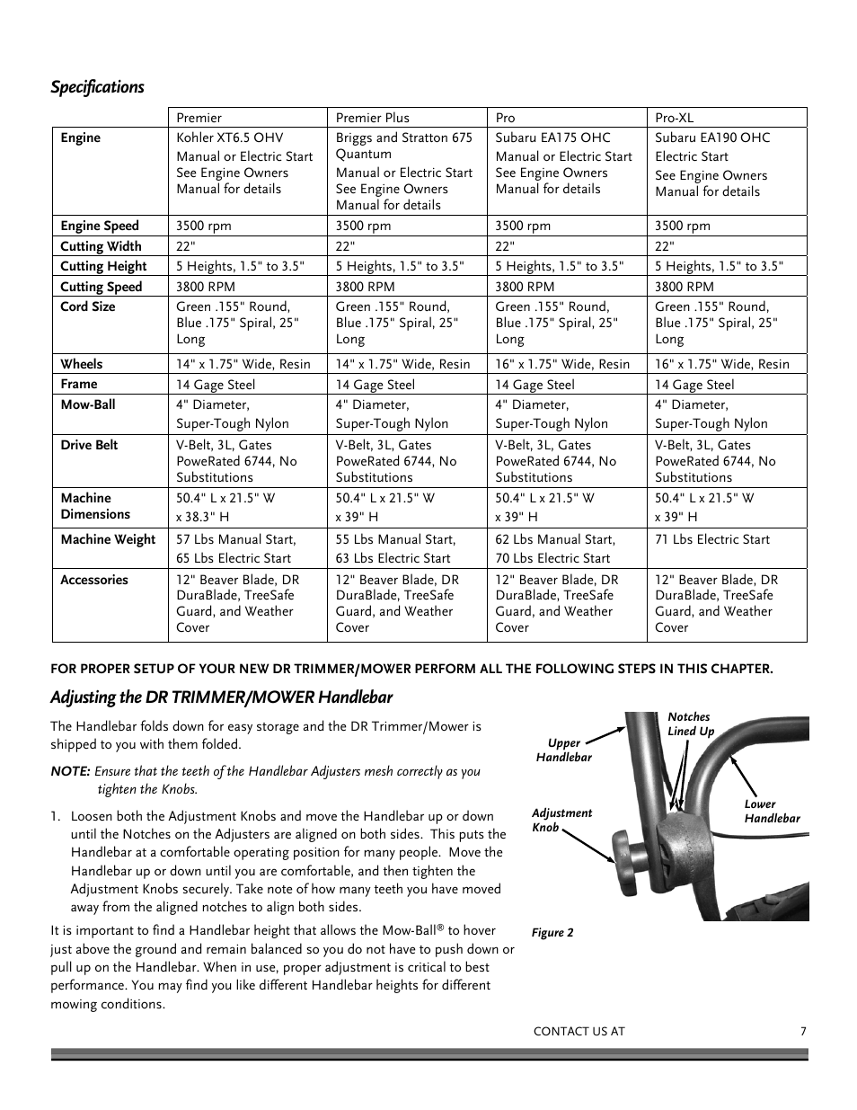 Specifications, Adjusting the dr trimmer/mower handlebar | DR Power Premier 6.5fpt Kohler User Manual | Page 7 / 32