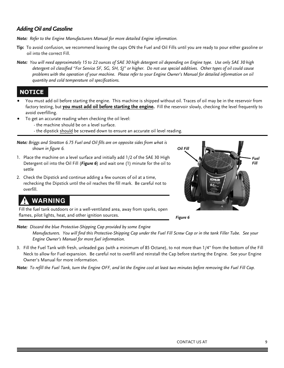 Adding oil and gasoline | DR Power Premier 6.5fpt Kohler User Manual | Page 9 / 32