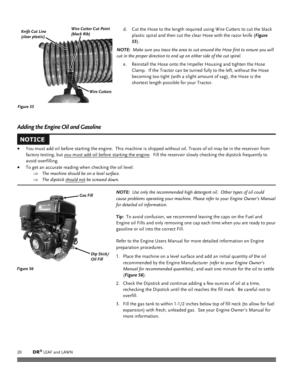 Adding the engine oil and gasoline | DR Power Tow-Behind 9.59 Premier (September 2014 - Present) User Manual | Page 20 / 44