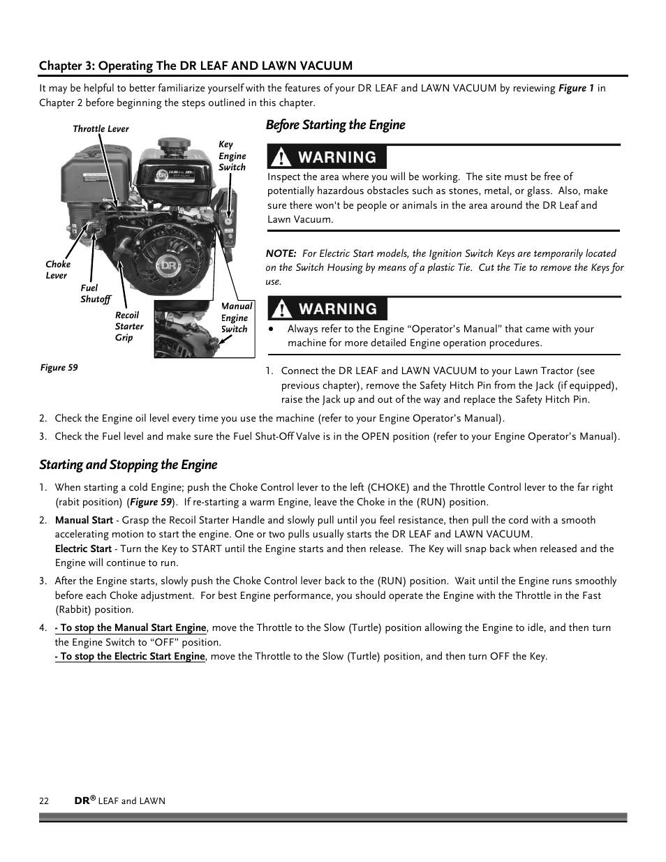 Chapter 3: operating the dr leaf and lawn vacuum, Before starting the engine, Starting and stopping the engine | DR Power Tow-Behind 9.59 Premier (September 2014 - Present) User Manual | Page 22 / 44