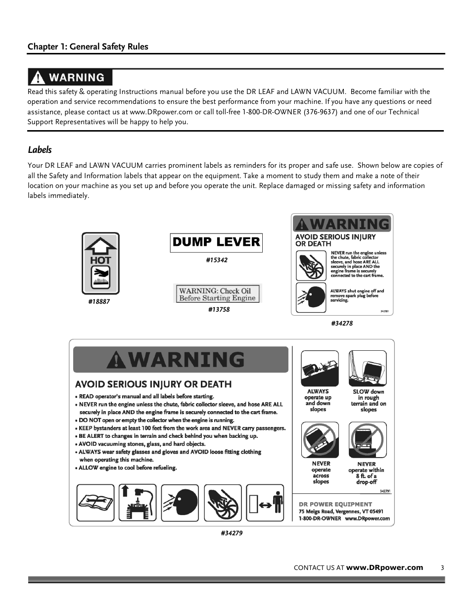 Chapter 1: general safety rules, Labels | DR Power Tow-Behind 9.59 Premier (September 2014 - Present) User Manual | Page 3 / 44