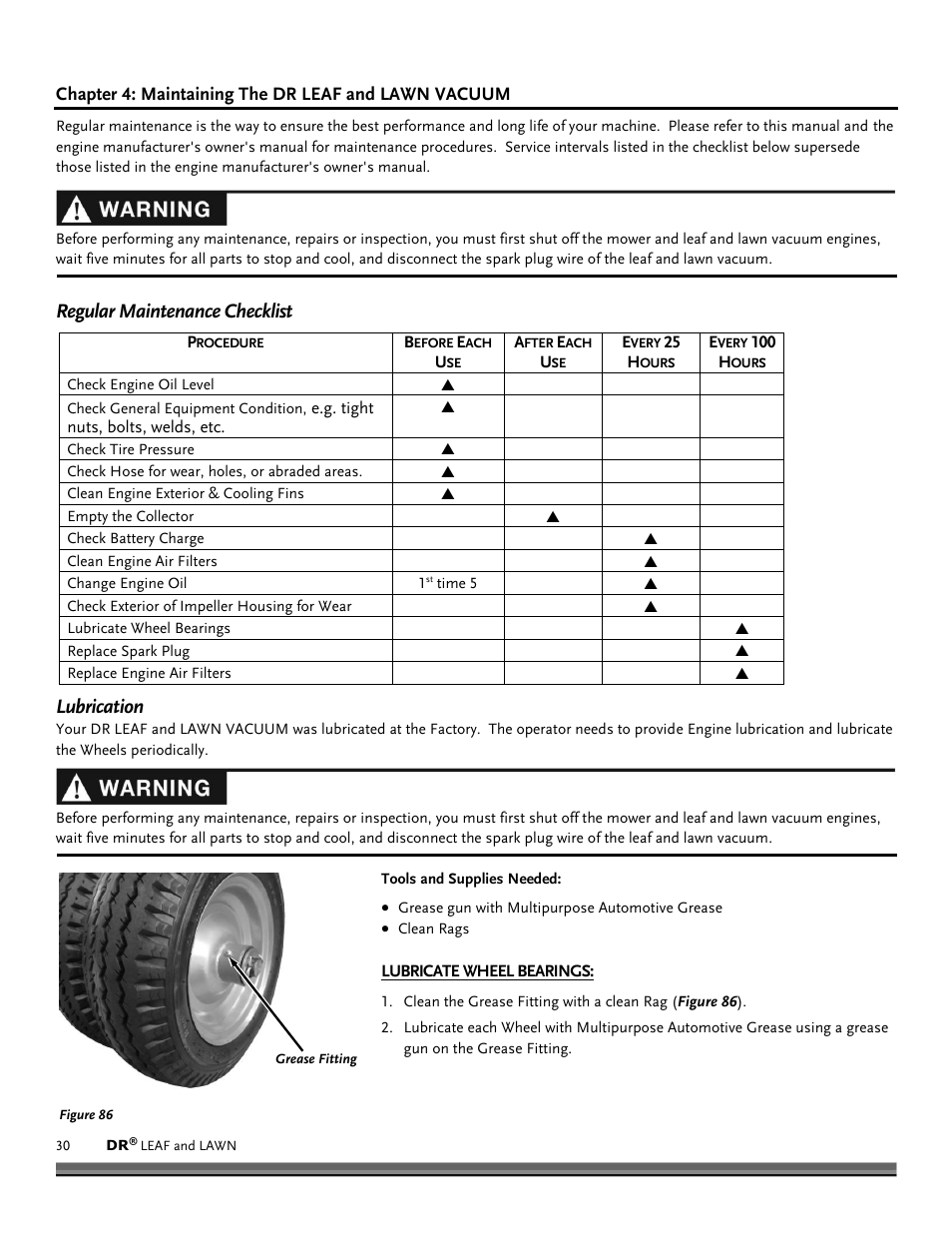 Regular maintenance checklist, Lubrication | DR Power Tow-Behind 9.59 Premier (September 2014 - Present) User Manual | Page 30 / 44