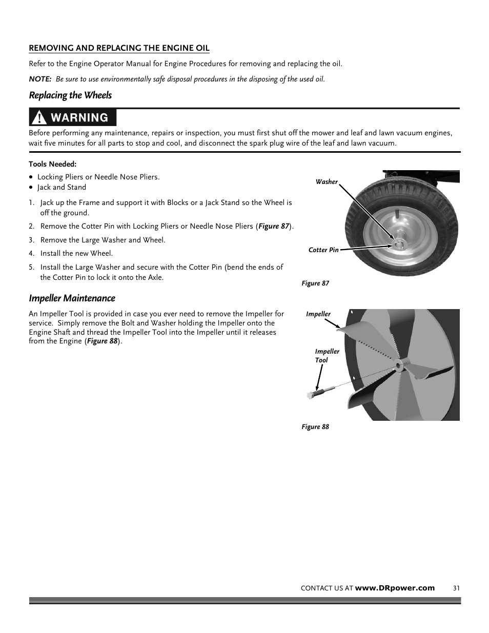 Replacing the wheels, Impeller maintenance | DR Power Tow-Behind 9.59 Premier (September 2014 - Present) User Manual | Page 31 / 44