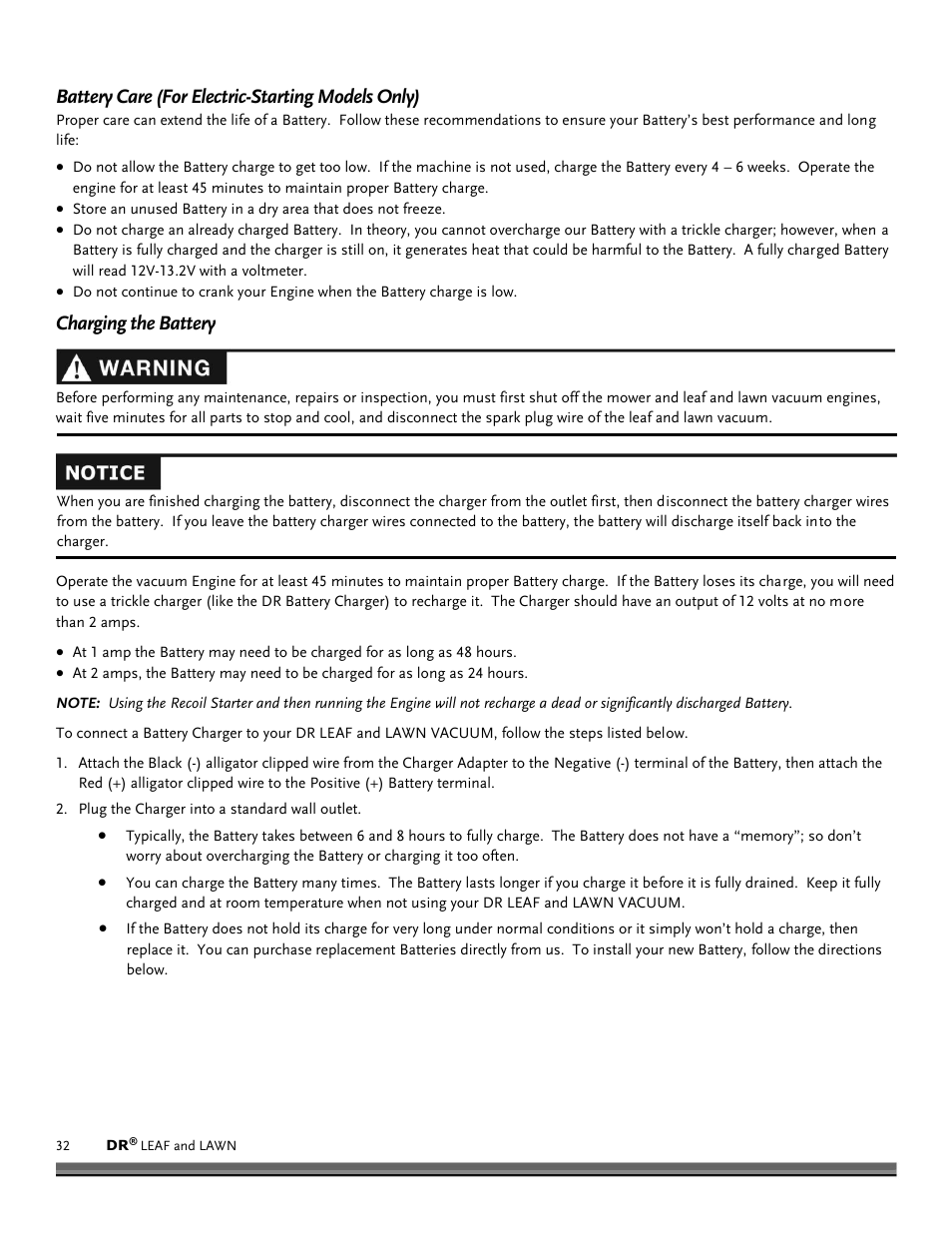 Battery care (for electric-starting models only), Charging the battery | DR Power Tow-Behind 9.59 Premier (September 2014 - Present) User Manual | Page 32 / 44