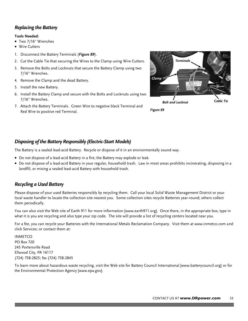 Replacing the battery, Recycling a used battery | DR Power Tow-Behind 9.59 Premier (September 2014 - Present) User Manual | Page 33 / 44