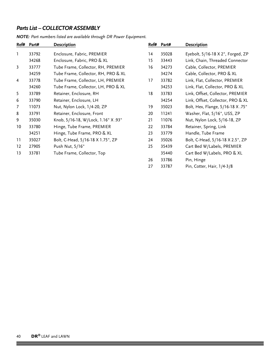 Parts list – collector assembly | DR Power Tow-Behind 9.59 Premier (September 2014 - Present) User Manual | Page 40 / 44