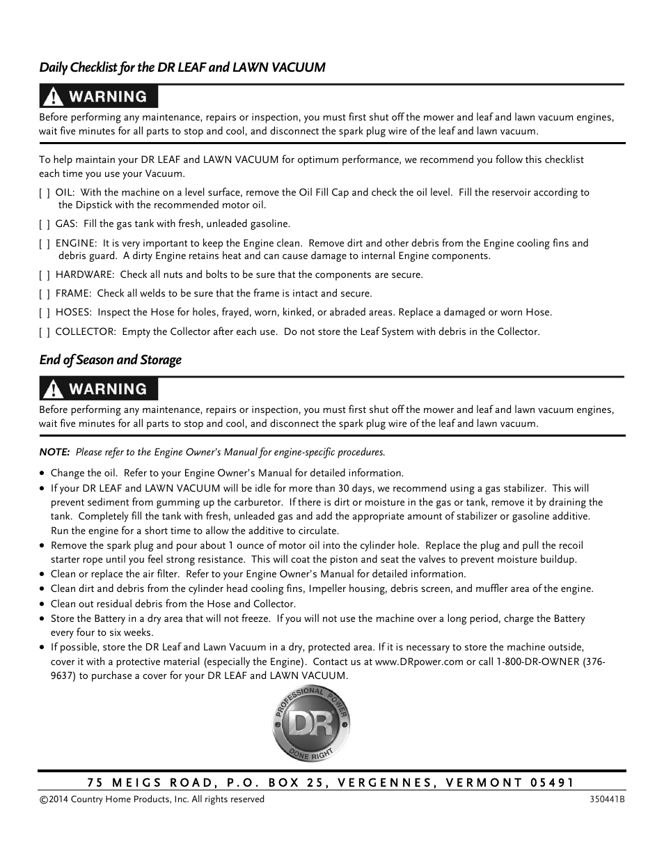 Daily checklist for the dr leaf and lawn vacuum, End of season and storage | DR Power Tow-Behind 9.59 Premier (September 2014 - Present) User Manual | Page 44 / 44