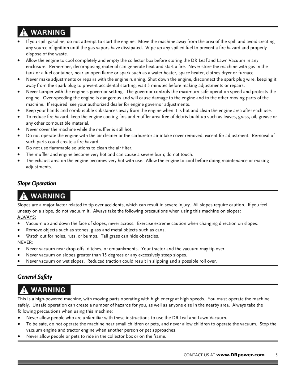 Slope operation general safety | DR Power Tow-Behind 9.59 Premier (September 2014 - Present) User Manual | Page 5 / 44