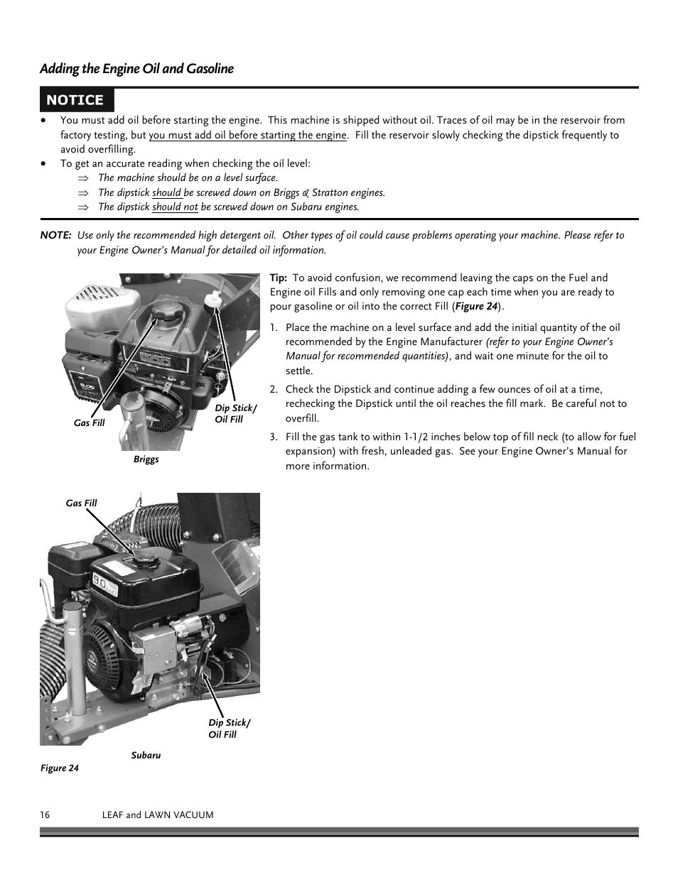 Adding the engine oil and gasoline | DR Power Tow-Behind 13.74 Pro-XL (August 2010 - August 2014) User Manual | Page 16 / 44