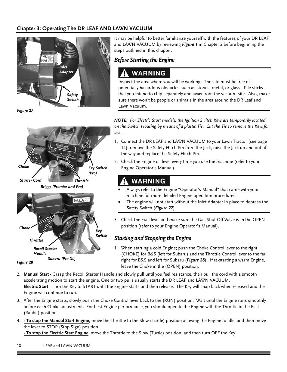 Before starting the engine, Starting and stopping the engine | DR Power Tow-Behind 13.74 Pro-XL (August 2010 - August 2014) User Manual | Page 18 / 44