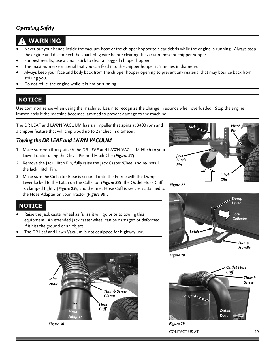 Operating safety, Towing the dr leaf and lawn vacuum | DR Power Tow-Behind 13.74 Pro-XL (August 2010 - August 2014) User Manual | Page 19 / 44