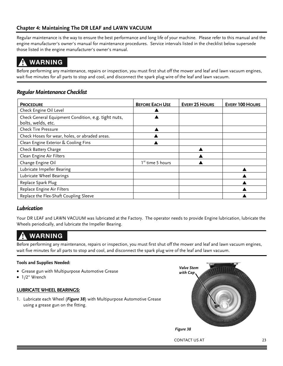 Regular maintenance checklist, Lubrication | DR Power Tow-Behind 13.74 Pro-XL (August 2010 - August 2014) User Manual | Page 23 / 44