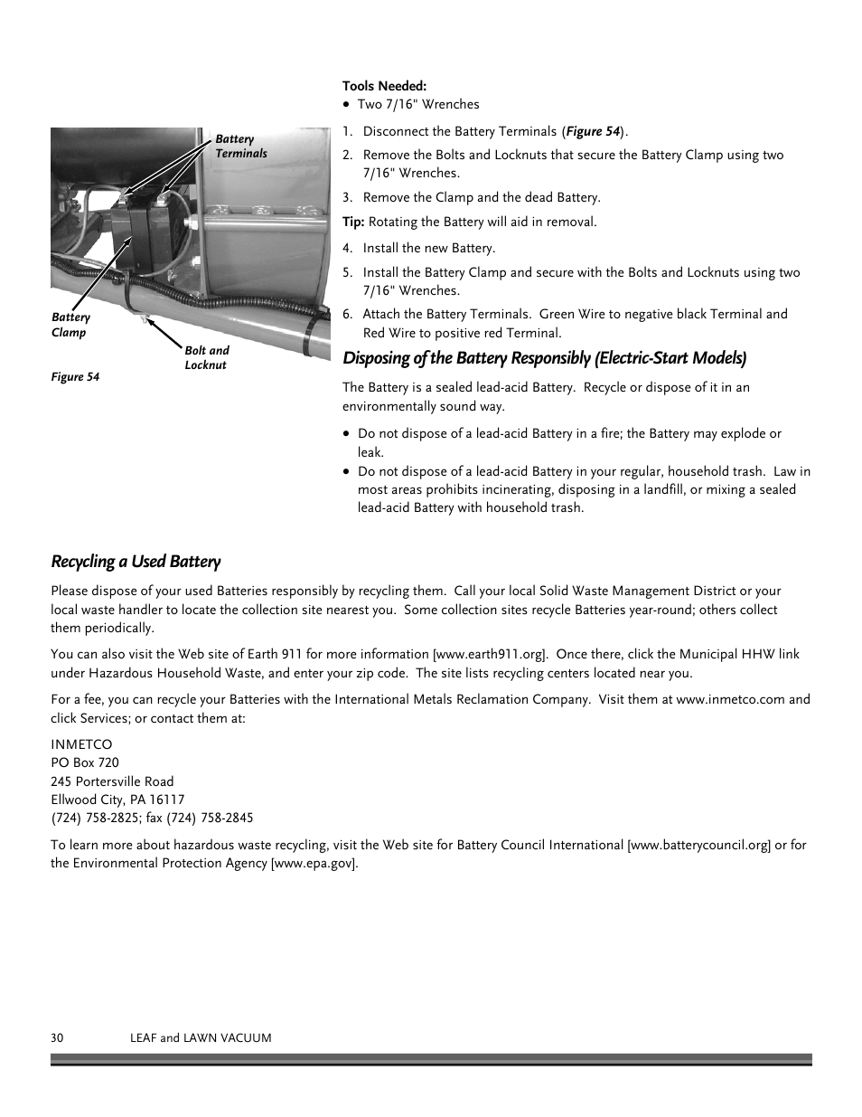 Recycling a used battery | DR Power Tow-Behind 13.74 Pro-XL (August 2010 - August 2014) User Manual | Page 30 / 44