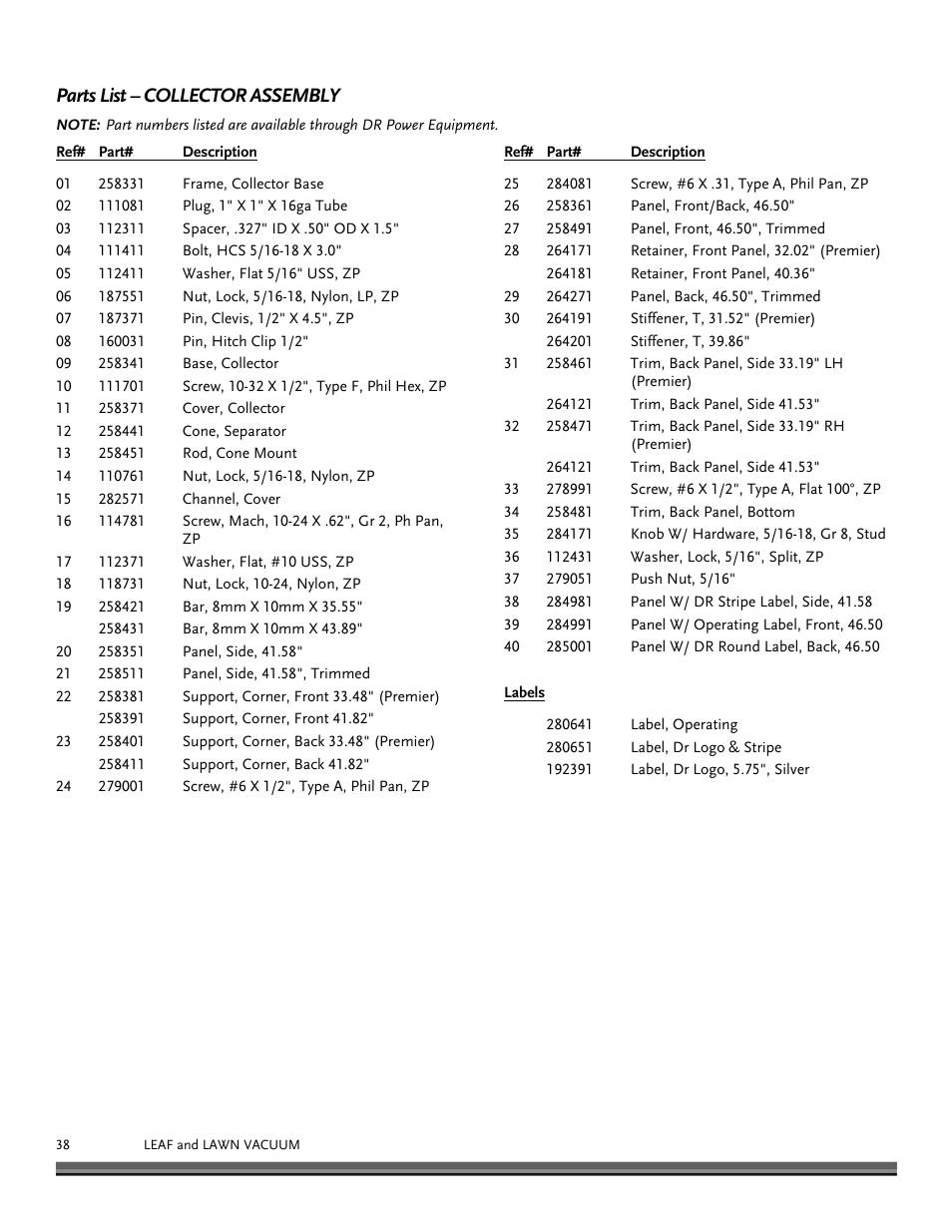 Parts list – collector assembly | DR Power Tow-Behind 13.74 Pro-XL (August 2010 - August 2014) User Manual | Page 38 / 44