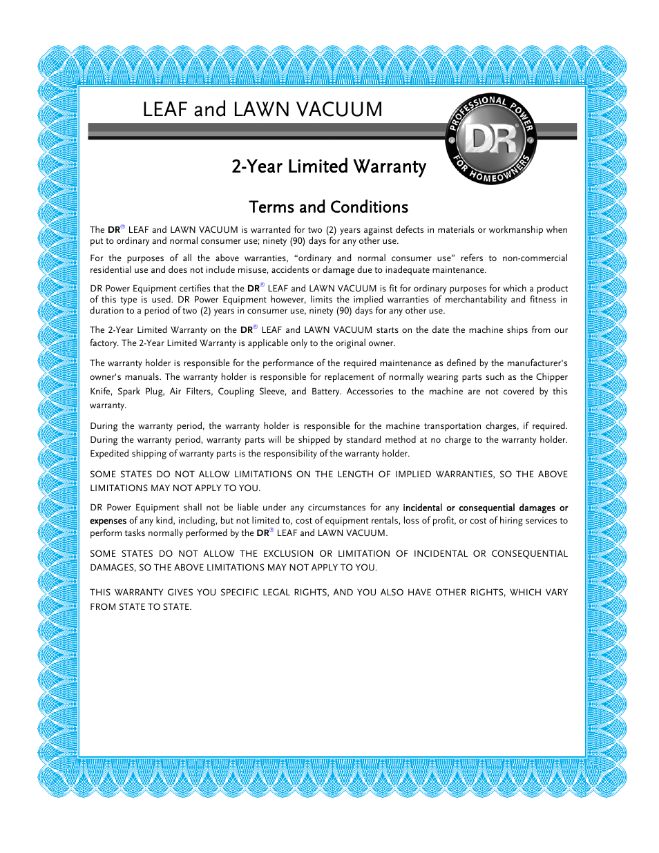 Leaf and lawn vacuum, Year limited warranty, Terms and conditions | DR Power Tow-Behind 13.74 Pro-XL (August 2010 - August 2014) User Manual | Page 43 / 44