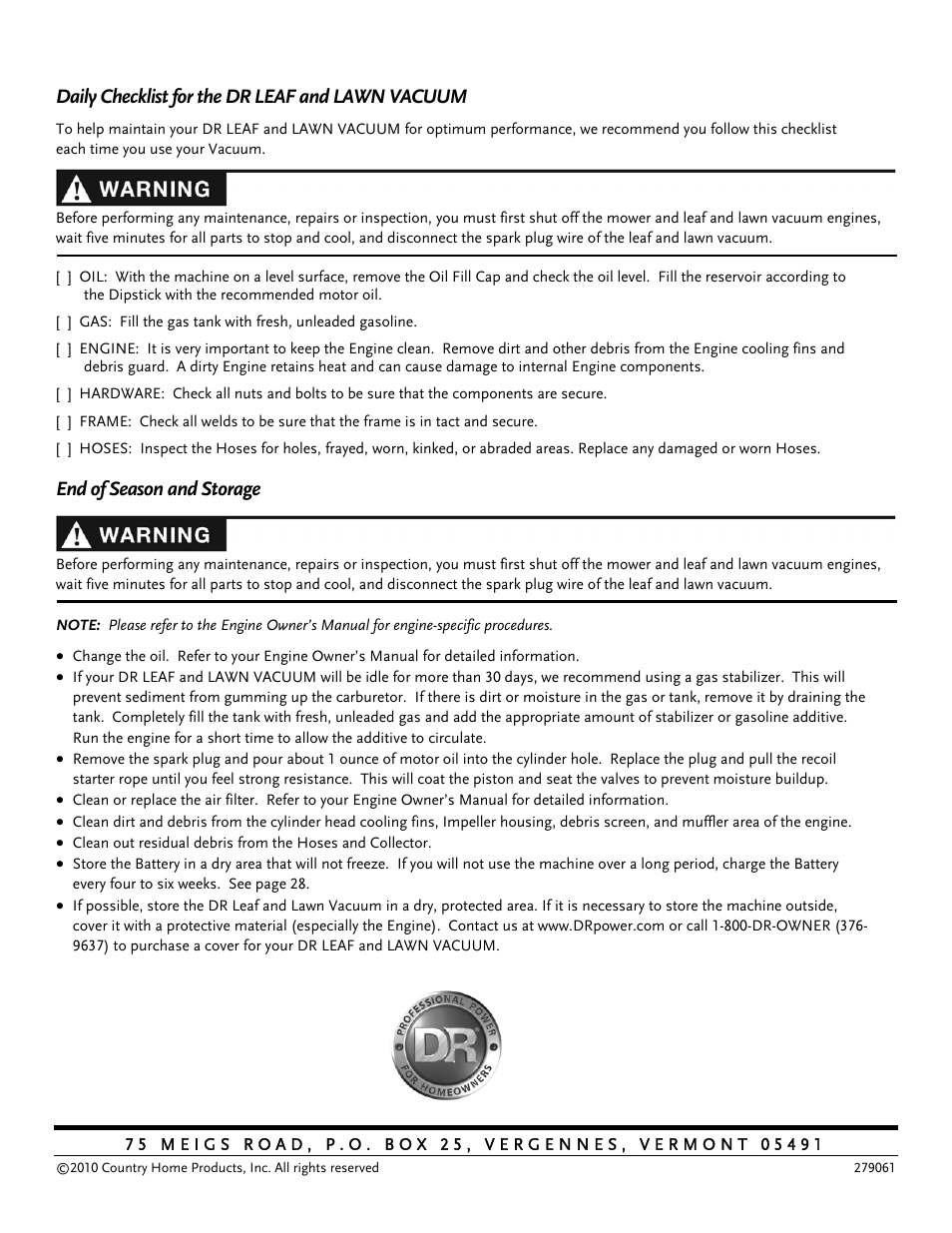 Daily checklist for the dr leaf and lawn vacuum, End of season and storage | DR Power Tow-Behind 13.74 Pro-XL (August 2010 - August 2014) User Manual | Page 44 / 44