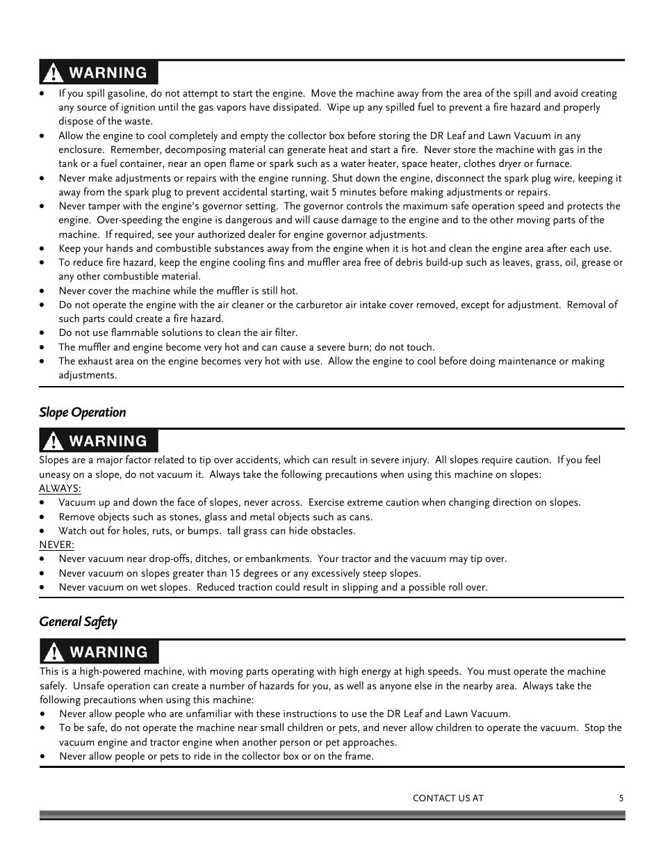 Slope operation general safety | DR Power Tow-Behind 13.74 Pro-XL (August 2010 - August 2014) User Manual | Page 5 / 44