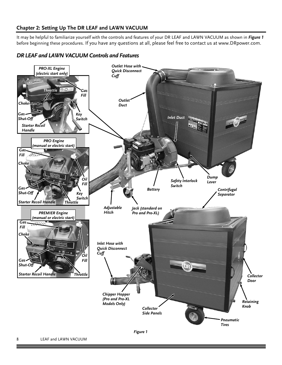 Dr leaf and lawn vacuum controls and features, Chapter 2: setting up the dr leaf and lawn vacuum | DR Power Tow-Behind 13.74 Pro-XL (August 2010 - August 2014) User Manual | Page 8 / 44