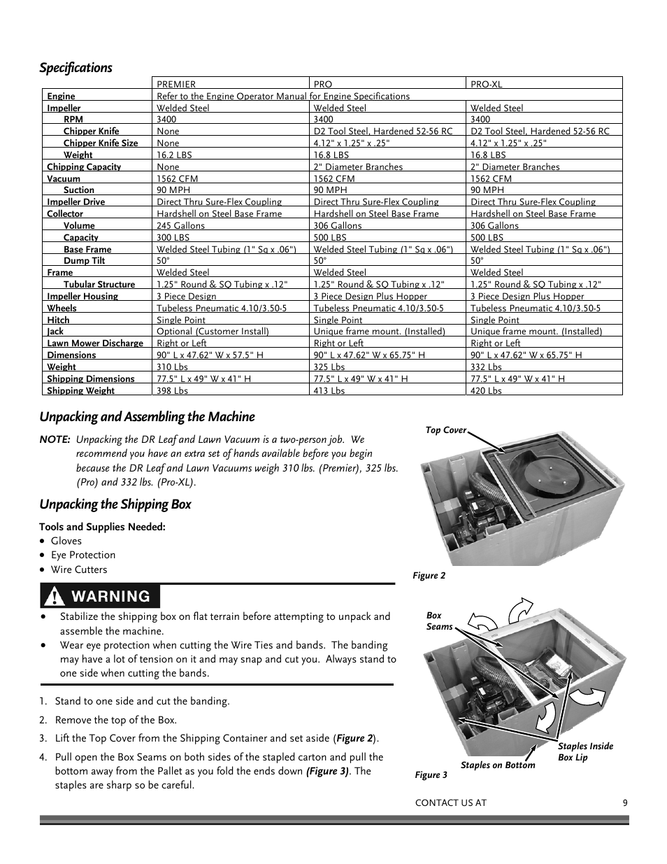 Specifications, Unpacking and assembling the machine, Unpacking the shipping box | DR Power Tow-Behind 13.74 Pro-XL (August 2010 - August 2014) User Manual | Page 9 / 44