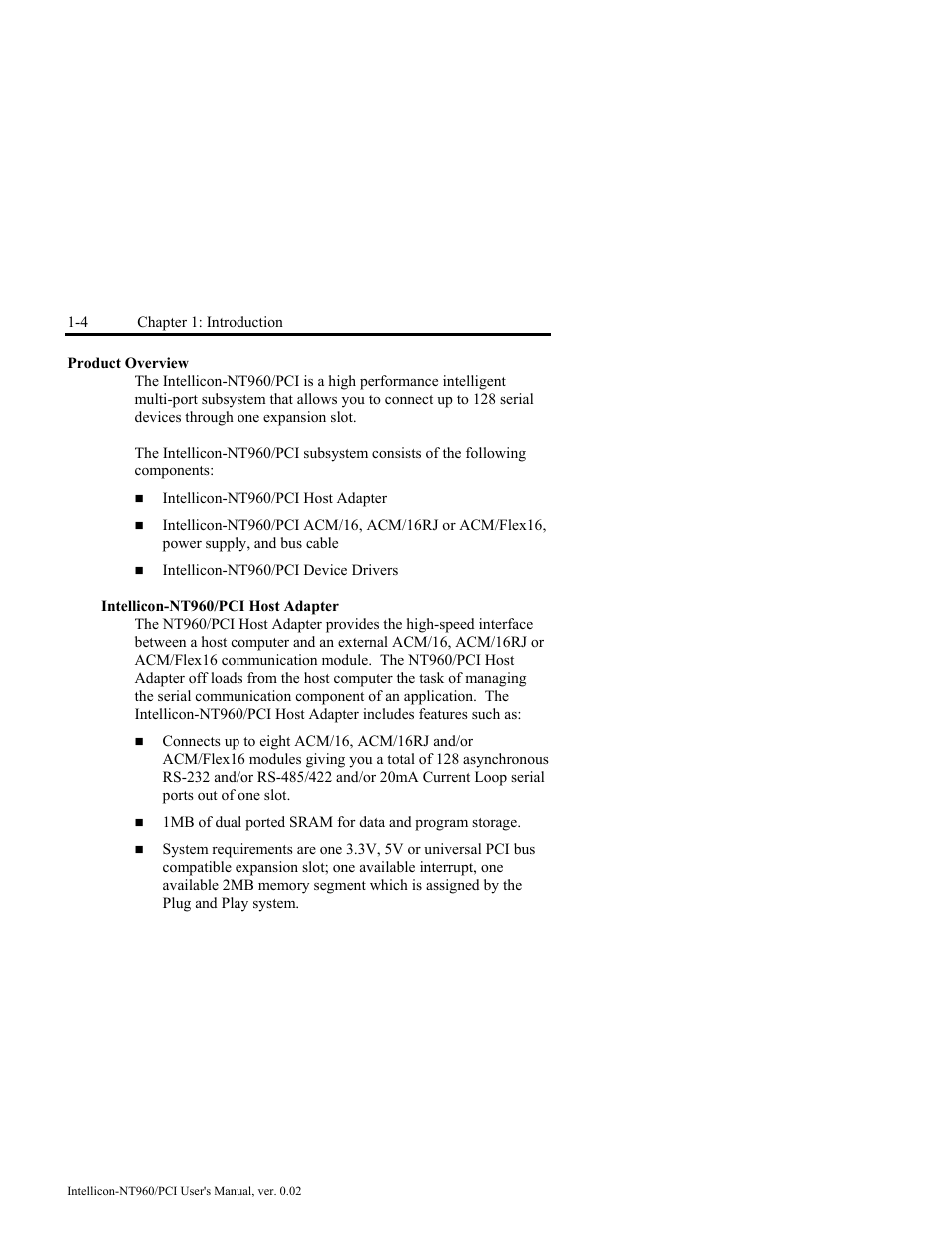 Product overview, Intellicon-nt960/pci host adapter, Product overview -4 | Intellicon-nt960/pci host adapter -4 | Connect Tech NT960/PCI User Manual | Page 16 / 88