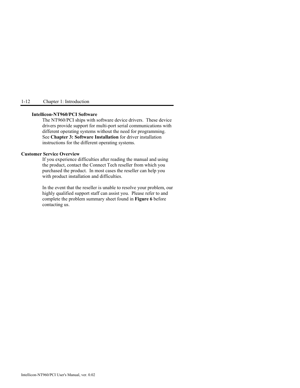 Intellicon-nt960/pci software, Customer service overview, Intellicon-nt960/pci software -12 | Customer service overview -12 | Connect Tech NT960/PCI User Manual | Page 24 / 88