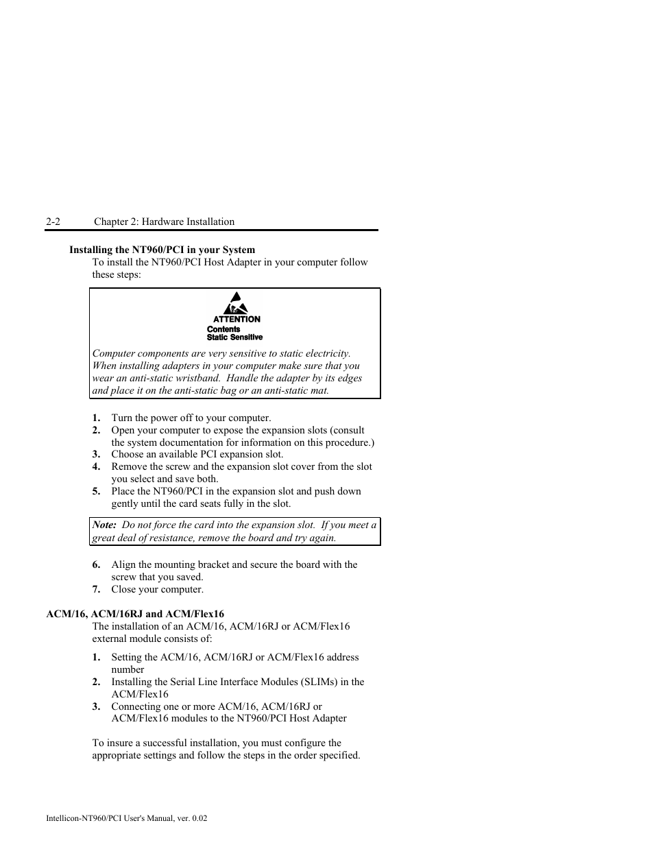 Installing the nt960/pci in your system, Acm/16, acm/16rj and acm/flex16, Installing the nt960/pci in your system -2 | Acm/16, acm/16rj and acm/flex16 -2 | Connect Tech NT960/PCI User Manual | Page 32 / 88