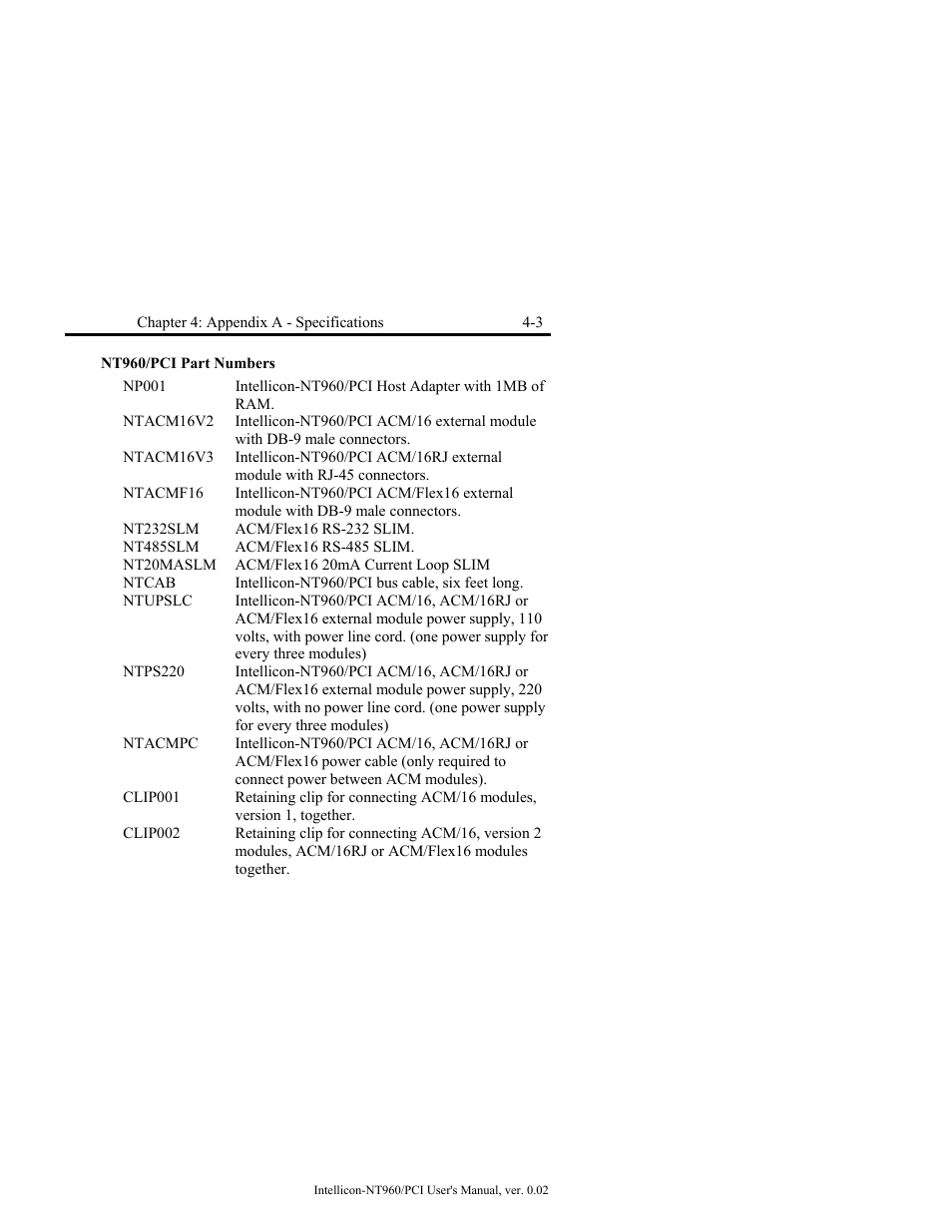 Nt960/pci part numbers, Nt960/pci part numbers -3 | Connect Tech NT960/PCI User Manual | Page 55 / 88