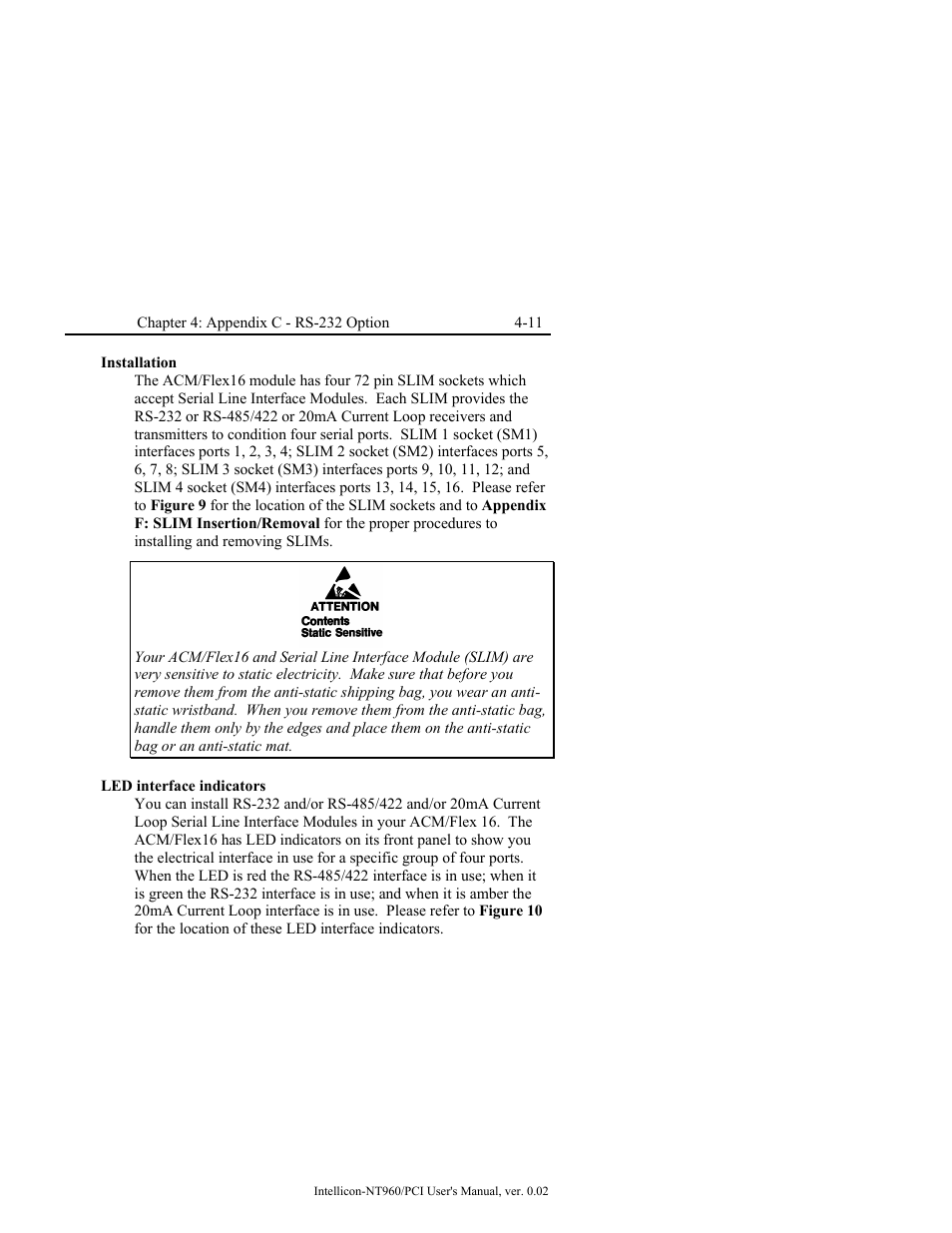 Installation, Led interface indicators, Installation -11 | Led interface indicators -11 | Connect Tech NT960/PCI User Manual | Page 63 / 88