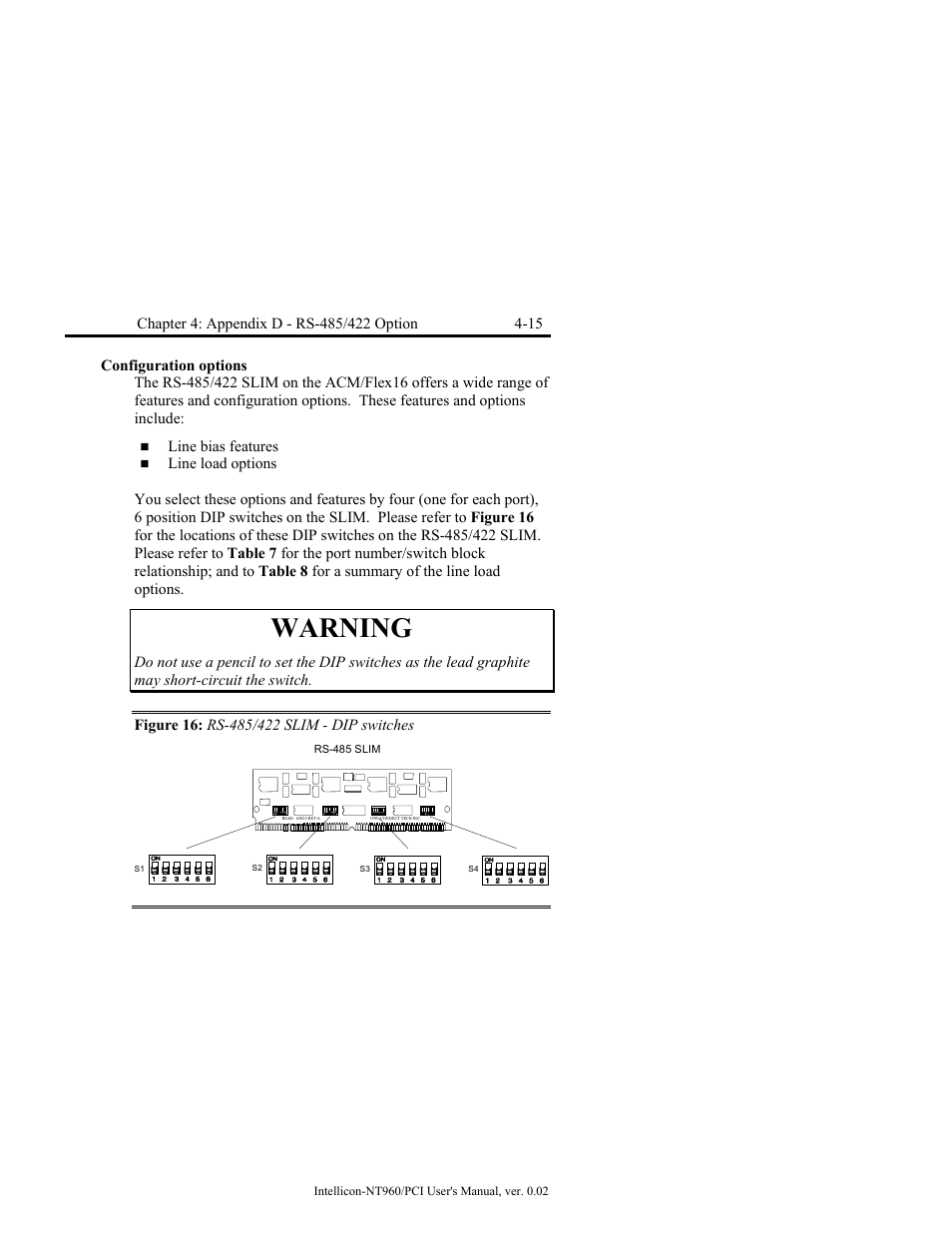 Configuration options, Figure 16: rs-485/422 slim - dip switches, Configuration options -15 | Figure 16: rs-485/422 slim - dip switches -15, Warning | Connect Tech NT960/PCI User Manual | Page 67 / 88