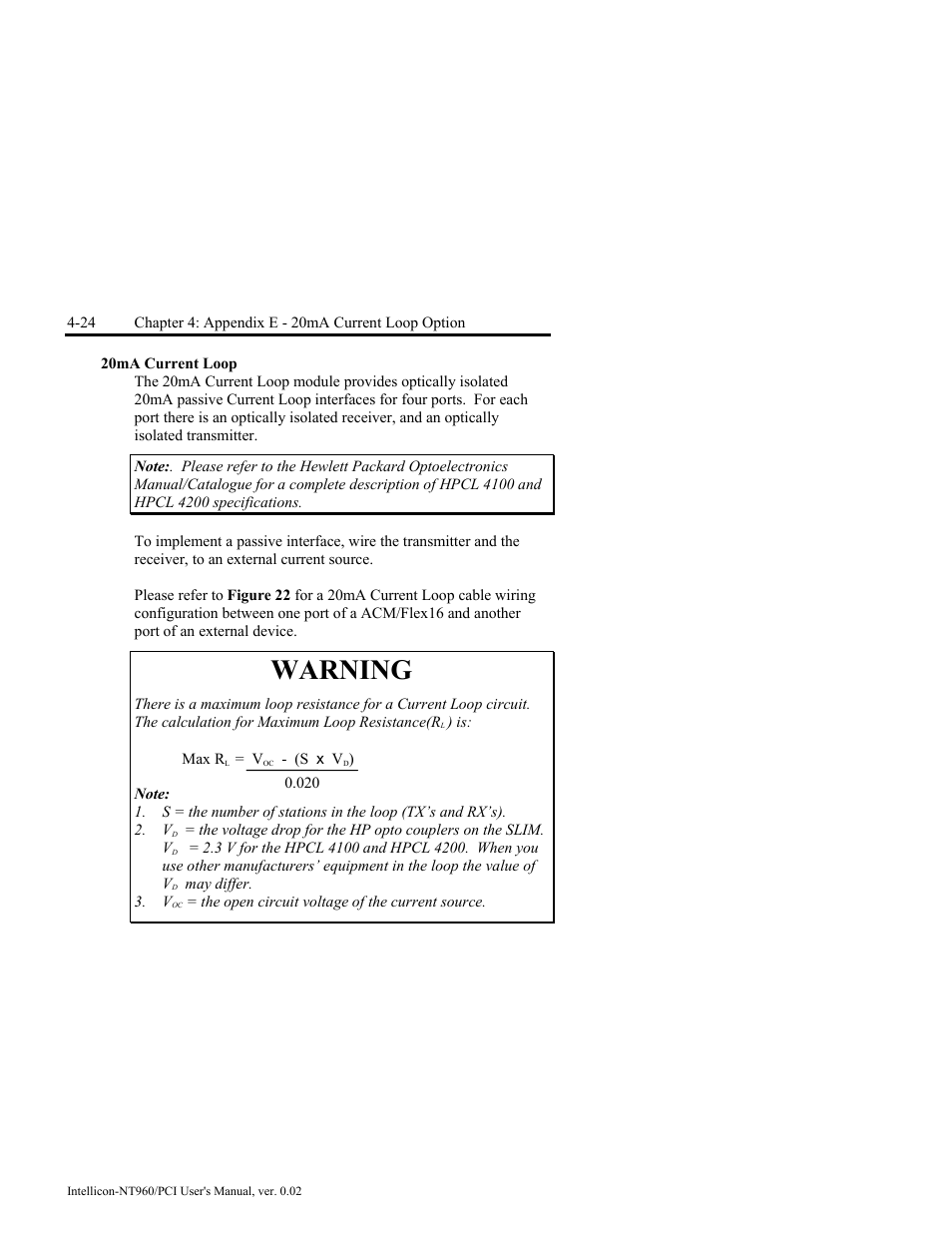 20ma current loop, 20ma current loop -24, Warning | Connect Tech NT960/PCI User Manual | Page 76 / 88