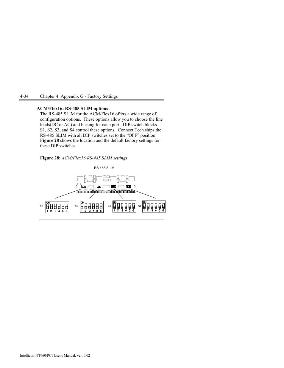 Acm/flex16: rs-485 slim options, Figure 28: acm/flex16 rs-485 slim settings, Acm/flex16: rs-485 slim options -34 | Figure 28: acm/flex16 rs-485 slim settings -34, 34 chapter 4: appendix g - factory settings | Connect Tech NT960/PCI User Manual | Page 86 / 88