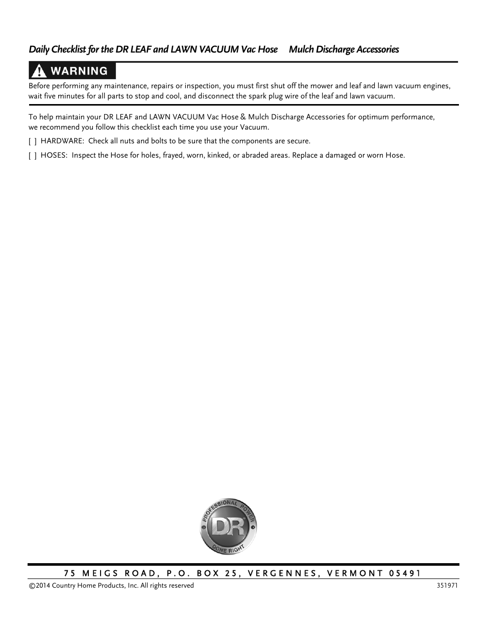 DR Power Tow-Behind Optional Vac and Mulch Discharge (September 2014 - Present) User Manual | Page 12 / 12