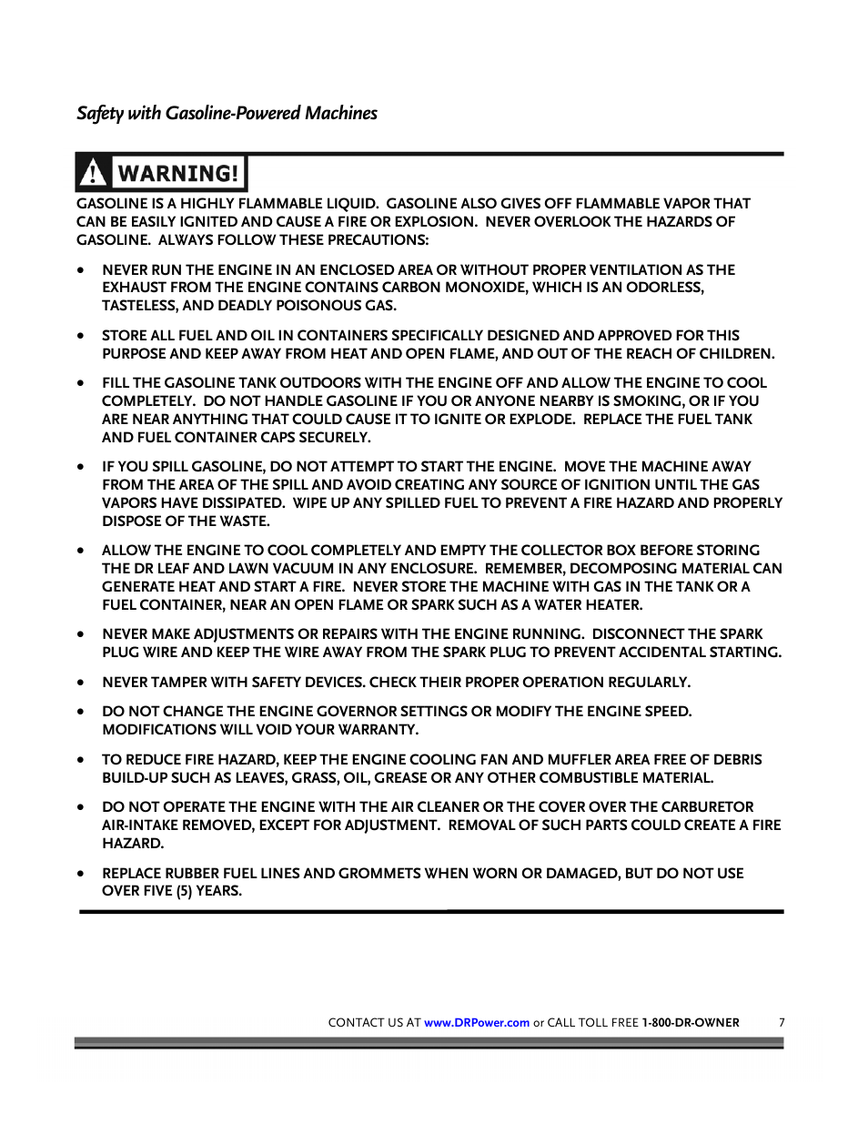 Safety with gasoline-powered machines | DR Power Tow-Behind 8.00 Premier (Pre-August 2010) User Manual | Page 11 / 72