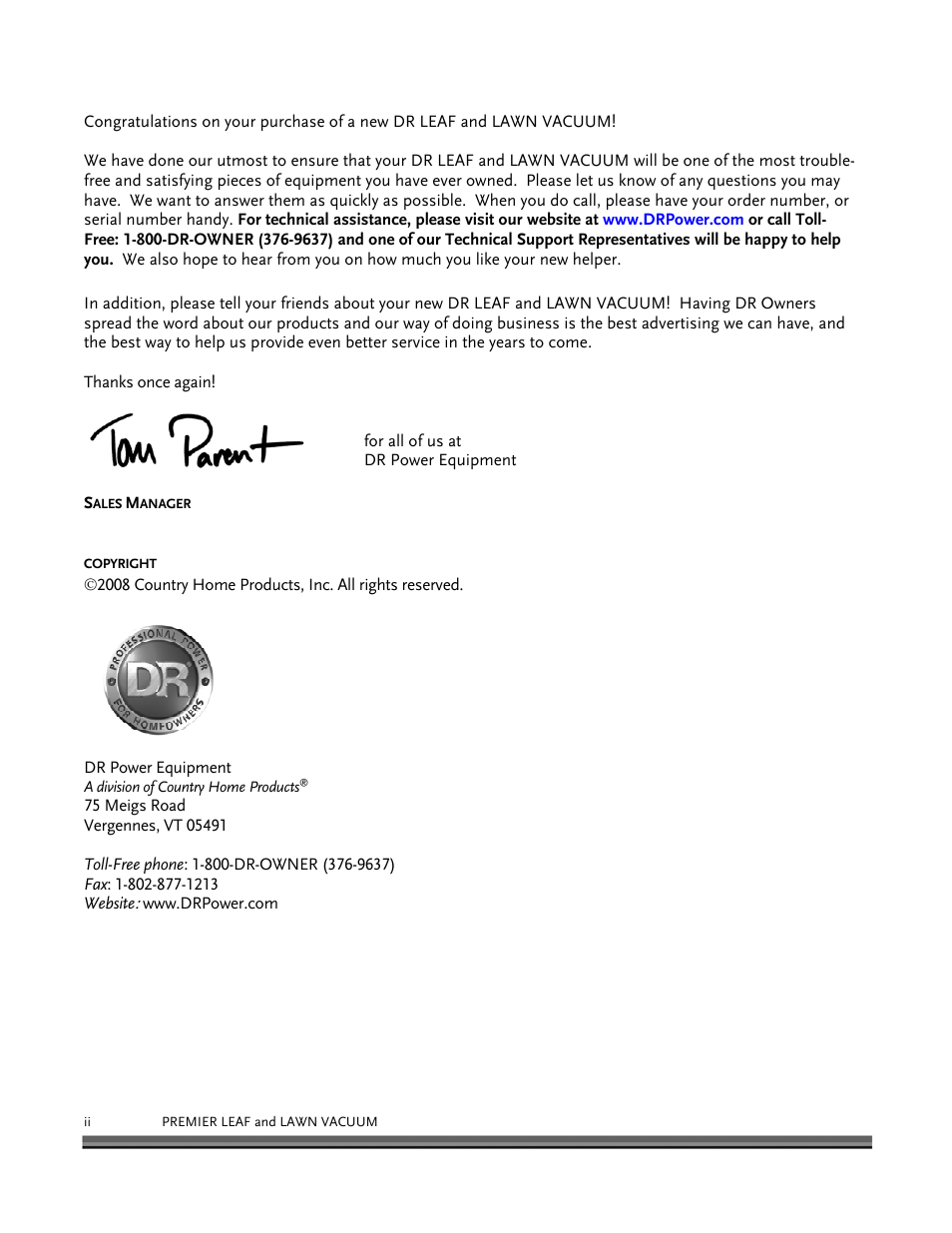 DR Power Tow-Behind 8.00 Premier (Pre-August 2010) User Manual | Page 2 / 72