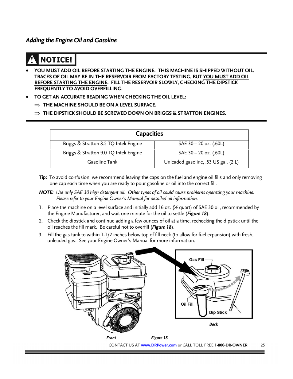 Adding the engine oil and gasoline, Capacities | DR Power Tow-Behind 8.00 Premier (Pre-August 2010) User Manual | Page 29 / 72