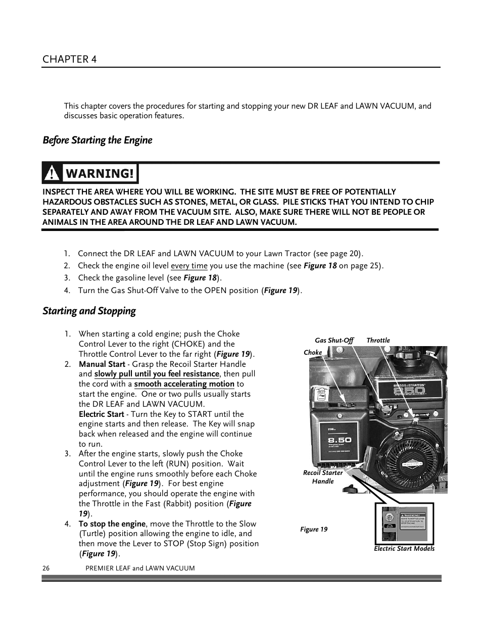 Operating your dr leaf and lawn vacuum, Chapter 4, Before starting the engine | Starting and stopping | DR Power Tow-Behind 8.00 Premier (Pre-August 2010) User Manual | Page 30 / 72