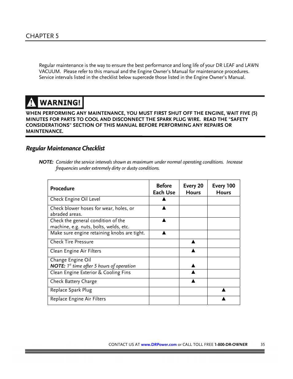 Maintaining the dr leaf and lawn vacuum, Chapter 5, Regular maintenance checklist | DR Power Tow-Behind 8.00 Premier (Pre-August 2010) User Manual | Page 39 / 72