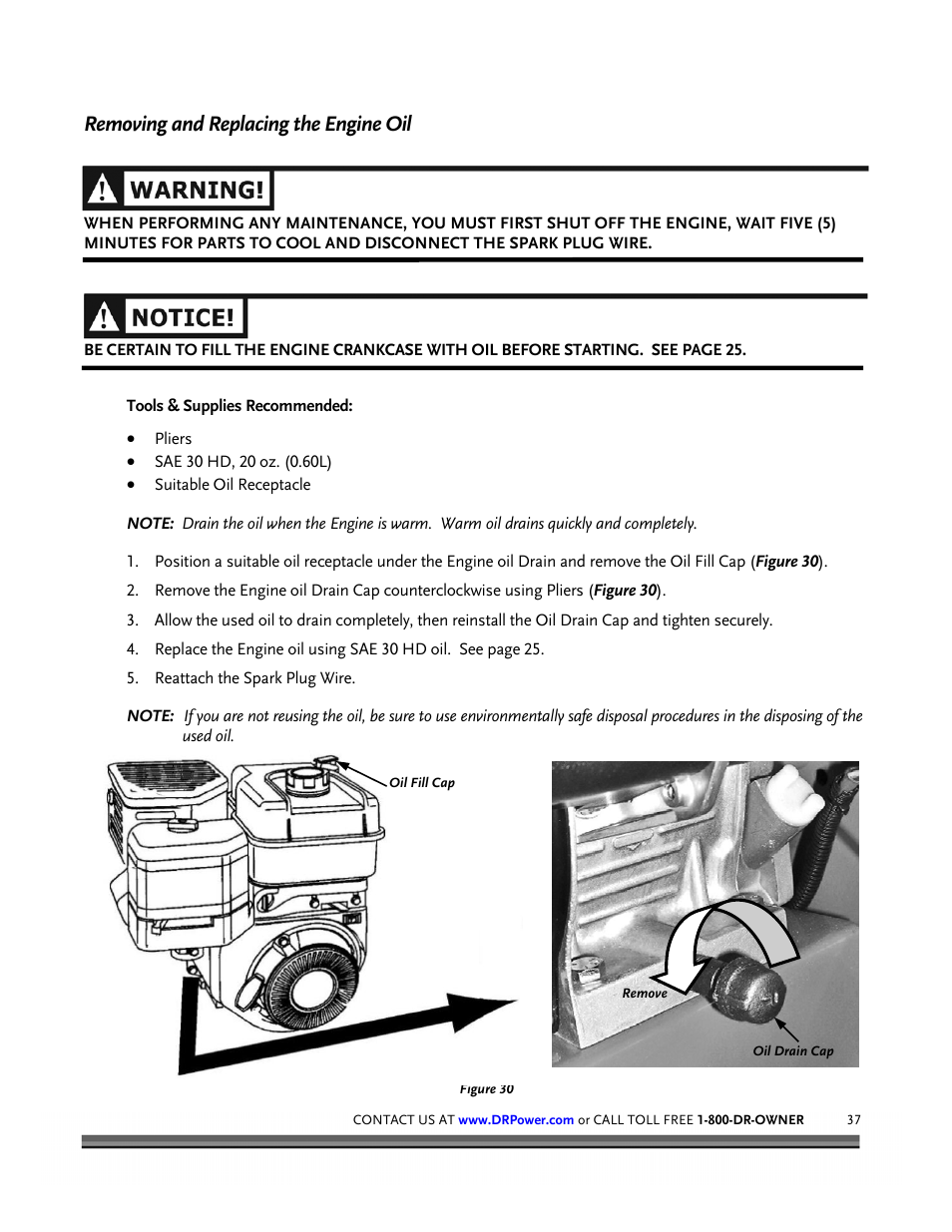 Removing and replacing the engine oil | DR Power Tow-Behind 8.00 Premier (Pre-August 2010) User Manual | Page 41 / 72