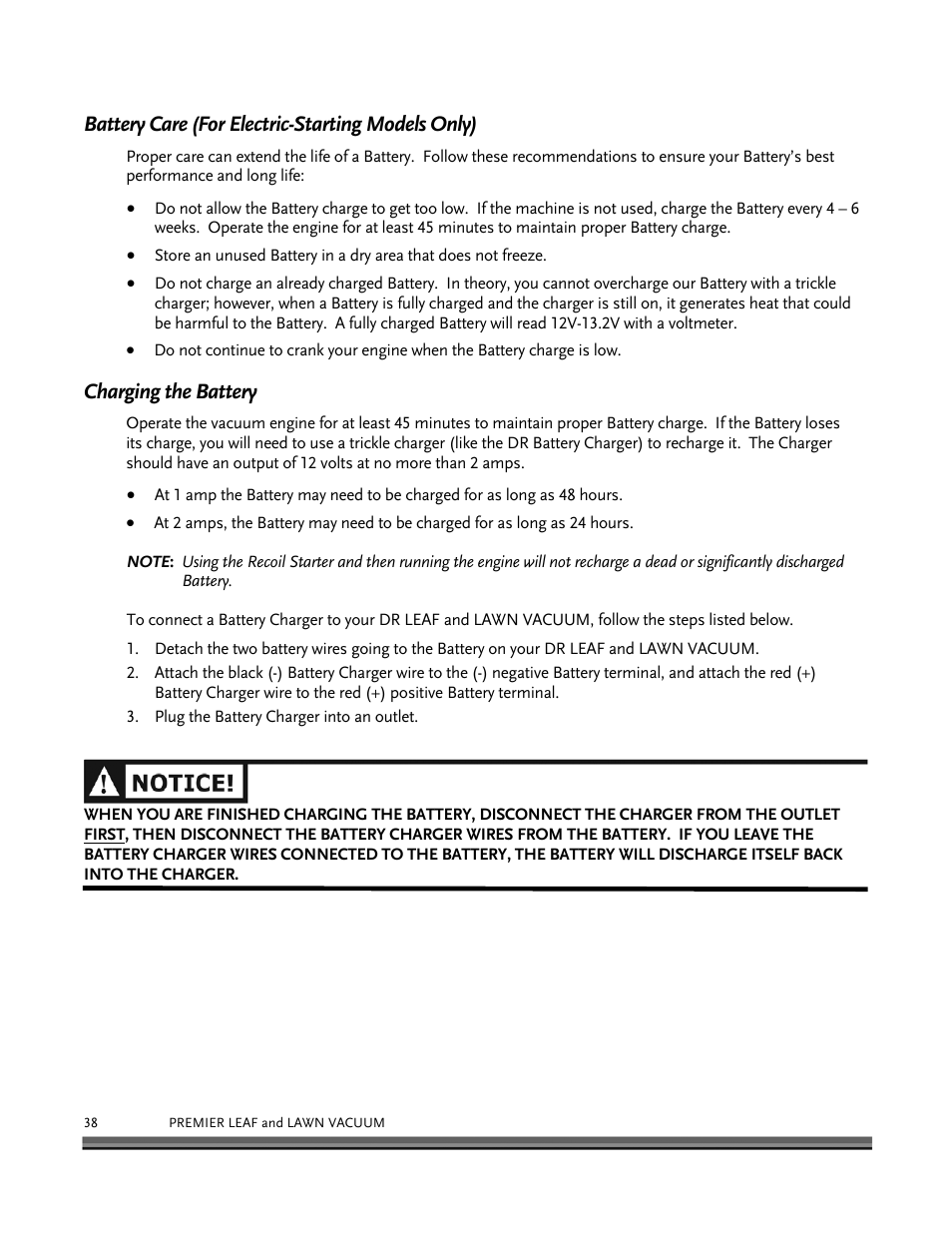 Battery care (for electric-starting models only), Charging the battery | DR Power Tow-Behind 8.00 Premier (Pre-August 2010) User Manual | Page 42 / 72