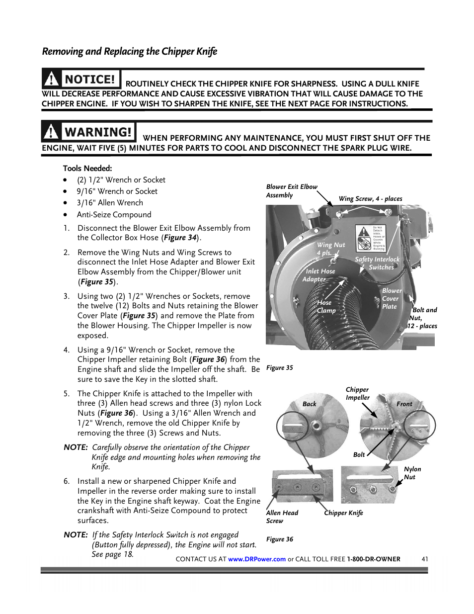 Removing and replacing the chipper knife | DR Power Tow-Behind 8.00 Premier (Pre-August 2010) User Manual | Page 45 / 72