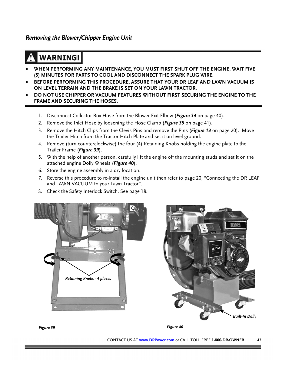 Removing the blower/chipper engine unit | DR Power Tow-Behind 8.00 Premier (Pre-August 2010) User Manual | Page 47 / 72